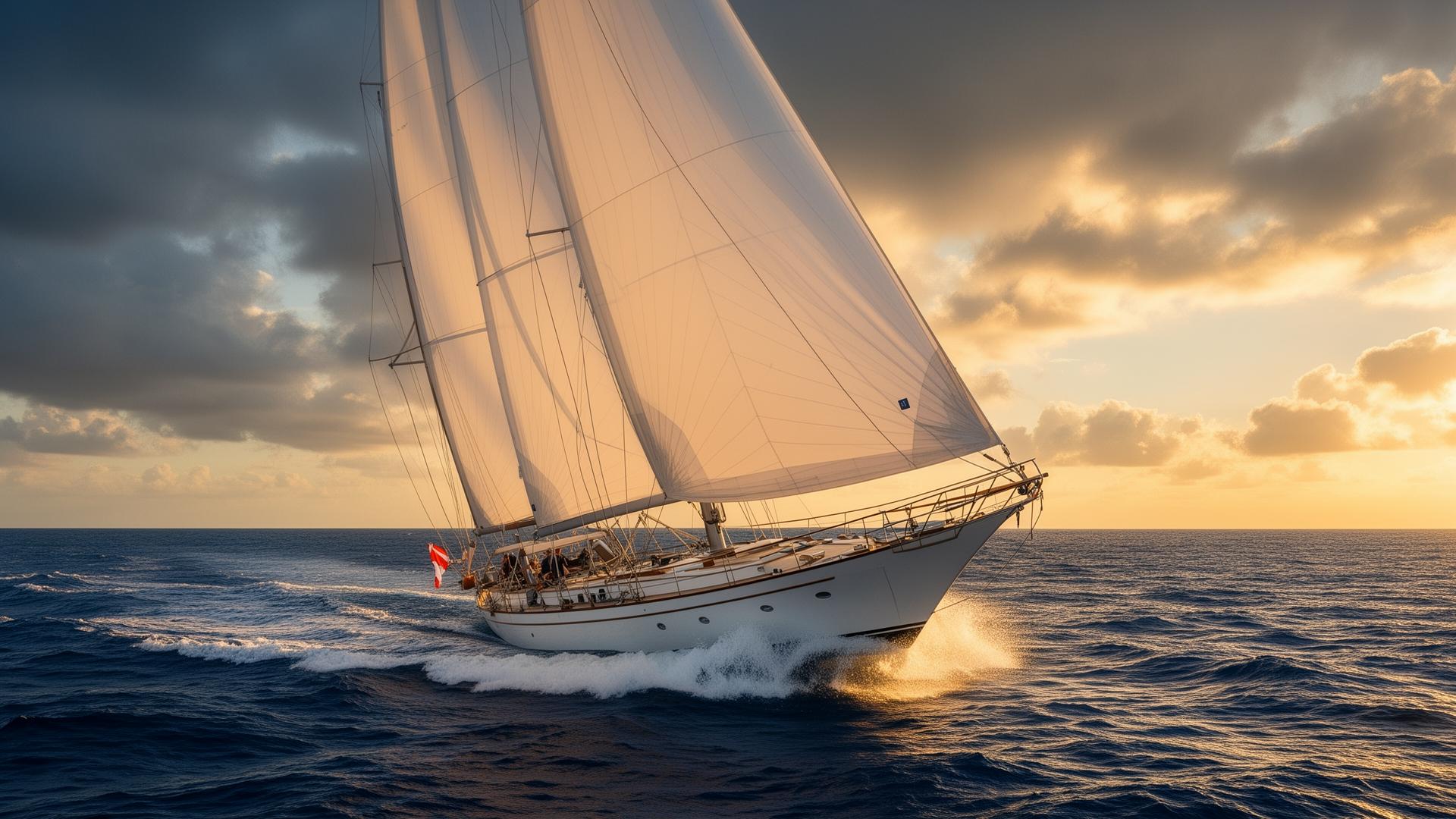 A sailing yacht heeling under full sail on the open ocean at golden hour